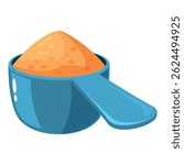 Blue plastic measuring spoon or scoop holding a serving of orange flavored sports nutrition supplement powder