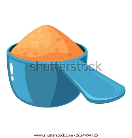Blue plastic measuring spoon or scoop holding a serving of orange flavored sports nutrition supplement powder