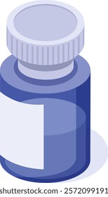 Blue plastic medicine bottle with blank label and white cap isometric view, perfect for representing health, medicine, pharmacy, or related concepts