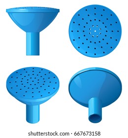 Blue plastic nozzle watering can spout for watering and splashing water, top view, side view, bottom view and general view, on white background