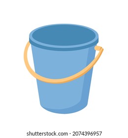 Papel de plástico azul con mango amarillo. Aburrido para lavar y jardinería. Pail de tareas domésticas Aislado sobre fondo blanco. Ilustración de dibujos animados planos vectoriales