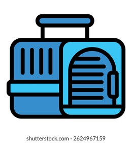 Blue plastic pet carrier with a closed door, perfect for safely transporting cats or small dogs