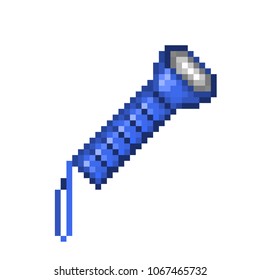 Blue plastic pocket flashlight, pixel art icon isolated on white background. Portable electric torch symbol. Helpful device. Retro 80s,90s video game graphics. Old school 8 bit slot machine pictogram.