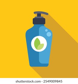 Blue plastic pump dispenser bottle containing natural liquid soap for washing hands, with green leaves symbol on yellow background