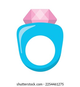 Anillo de plástico azul con diamante rosado. Diseño plano de joyería colorido, ilustración vectorial.