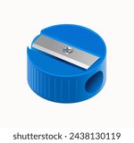 Blue plastic round pencil sharpener on white background. Vector realistic 3d illustration