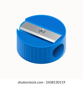 Blue plastic round pencil sharpener on white background. Vector realistic 3d illustration