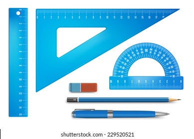 Blue plastic ruler instruments. Vector illustration.