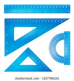 Blue plastic rulers and triangles set with both inch and mm grade. Vector objects