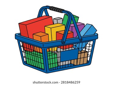 A blue plastic shopping basket filled with various colorful rectangular boxes and packages, isolated on a white background.