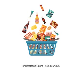 Blue Plastic Shopping Basket With Fresh Grocery Products Snacks Sausage And Soda Vector Illustration Isolated On White Background