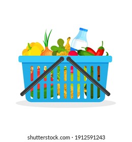 Blue plastic shopping cart full of fruit and vegetables. Supermarket basket with food. Vector groceries in a trendy flat style. Farming, fresh and organic agriculture. Healthy eating.