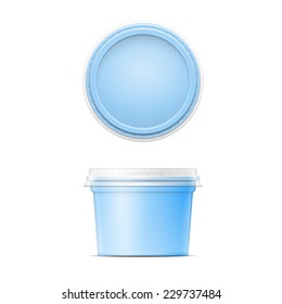 Blue plastic spread container template with transparent cap on white background. Packaging collection.