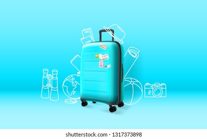 Blue plastic suitcase on blue background. Time to travel concept