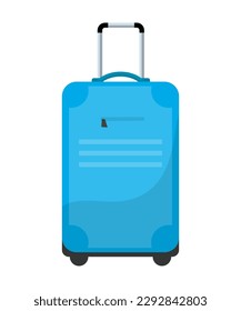 Maleta de plástico azul sobre ruedas con ilustración vectorial de mango telescópico de plata. Caricatura bolsa de viaje aislada en el tranvía para el equipaje del turista, maleta moderna para el equipaje familiar en las vacaciones de verano