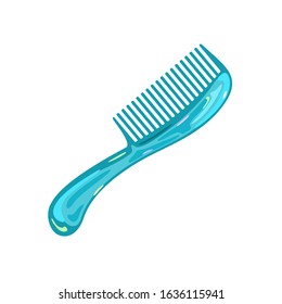 Blue Plastic Tooth Comb For Men Or Women. Hair Care Item. Personal Hygiene And Beauty Product. Bathroom, Washroom Supplies. Vector Cartoon Illustration Isolated On White Background.