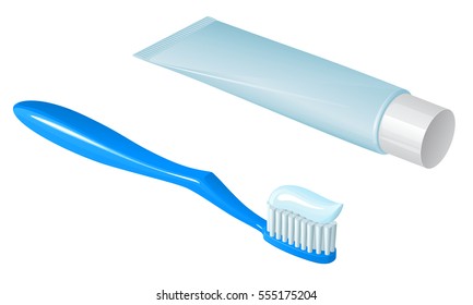 Blue plastic toothbrush with toothpaste and tube of toothpaste with white cap, lying side by side, on a white background

