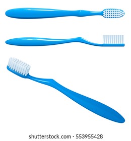 голубая пластиковая зубная щетка, вид сверху, боком и в долгосрочной перспективе, на белом фоне