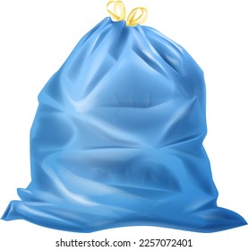 Blue plastic trash sack. Full garbage bag isolated on white background