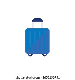 maleta de plástico azul sobre ruedas y con mango telescópico. Bolsa grande para turistas. Equipaje de viaje familiar y de negocios, icono del paquete de viaje. Vector plano aislado sobre fondo blanco.