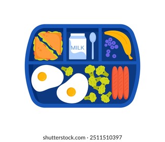 Blue plastic tray with food, top view of breakfast or lunch in cafeteria vector illustration