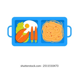 Blue plastic tray with handles, pasta and salmon steak, top view of lunch food in box vector illustration