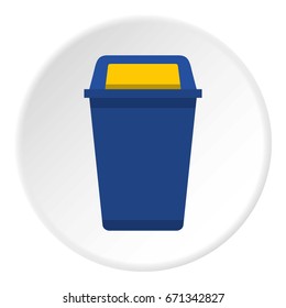 Blue plastic wastebasket icon in flat circle isolated vector illustration for web