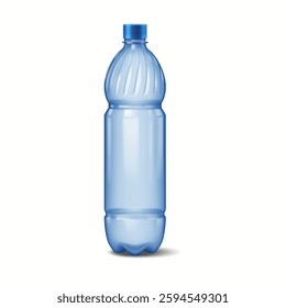Blue plastic water bottle with cap placed centrally on white background. Simple and minimalistic design highlighting recyclable nature of material and hydration.