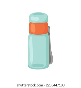 Botella de agua de plástico azul con ilustración vectorial de correa. Contenedor ecológico para bebidas para el almuerzo en la escuela o en la oficina de fondo blanco. Descanso de almuerzo, bebida, concepto de accesorios