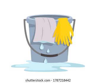 Blue plastic water bucket with rubber gloves and cloth isolated on white background. Icon vector illustration.