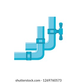 Blue plastic water pipe with valve in flat style isolated on white background - drain construction with faucet. Vector illustration of water supply or sewage plumbing system.