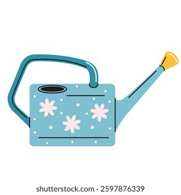 Blue plastic watering can with floral print. Garden sprinkler for growing plants. Vector illustration in a flat style, isolated on a white background