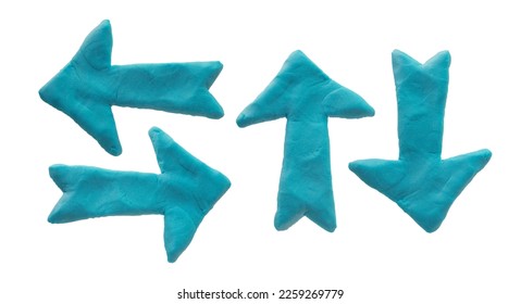 Blue plasticine handmade dimensional arrow icons set. Putty design different shapes arrows isolated on white background