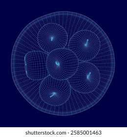 A blue plate with a bunch of apples in it. The apples are all same sizes and are scattered throughout the plate. The image has a futuristic and abstract feel to it