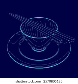 Blue plate with chopsticks and a bowl of food on it. The bowl is shaped like a teacup and the chopsticks are placed on top of it. Concept of elegance and sophistication