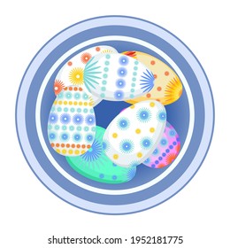 Blue plate with colored Easter eggs. Vector illustration isolated on a white background.