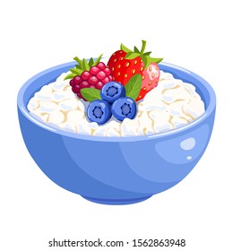Blue plate with cottage cheese and berries. Dairy product for breakfast. Isolated on a white background. Colorful vector illustration cartoon style for posters, icons, print and web projects.