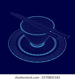 Blue plate with a cup and chopsticks on it. The image is in a blue color