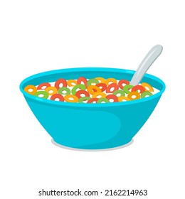 A blue plate with a dry breakfast of colored edible rings in milk with a spoon. vector illustration isolated on white background