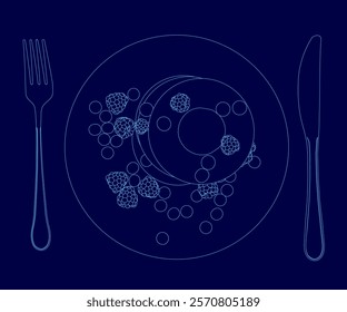 Blue plate with a fork and knife on it. The fork is on the left side of the plate and the knife is on the right side. The plate has a dessert on it, which is surrounded by berries