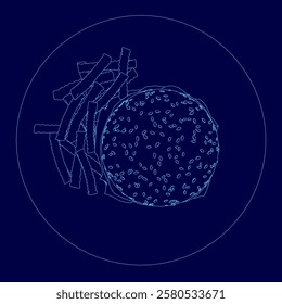 Blue plate with a hamburger and fries. The hamburger is cut in half and the fries are scattered around it