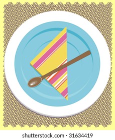 Blue plate, napkin and spoon on a table. Vector illustration