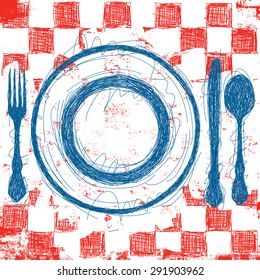 Blue Plate Special
Sketchy, Hand Drawn Blue Plate And Silverware Over An Abstract Red, Checkerboard Tablecloth Background.