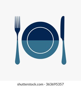 Blue plate with spoon, knife and fork