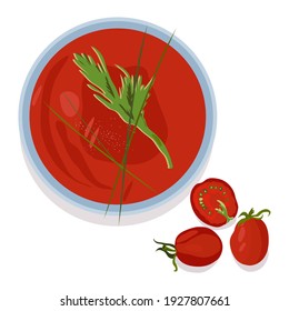 Blue plate with tomato soup and tomatoes. Vector isolate on white.
