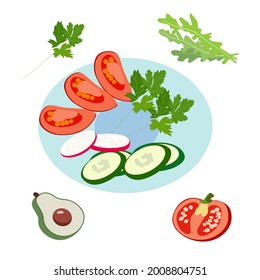 Ein blauer Teller mit Gemüse. Pomilory-Gurken radish avocado Greens