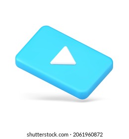 Icono 3d del botón de reproducción azul. Rectángulo volumétrico con sombra y flecha blanca. Diseñar para reproducir archivos de audio y vídeo. Interfaz de usuario moderna de programas informáticos. Vector aislado realista