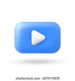 Blue play button in 3d minimal cartoon style. Vector illustration.