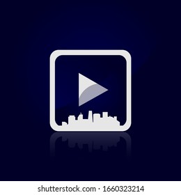 Blue play button icon and white city skyline silhouette. Editable Vector Illustration Eps. Graphic Element Multimedia Concept