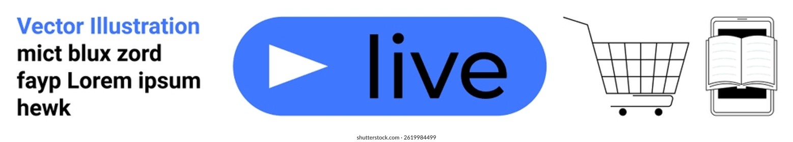 Blue play button labeled live, stylized shopping cart, and book icon. Ideal for online streaming, e-commerce, digital marketing, media content, online education, web design, and mobile applications